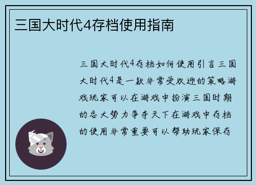 三国大时代4存档使用指南