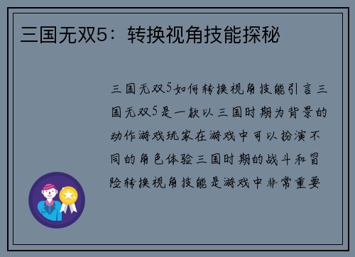 三国无双5：转换视角技能探秘